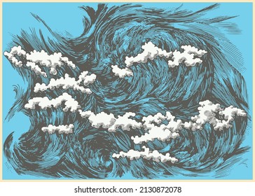 Beautiful clouds in the sky. Decorative dashed hand drawing image. Pen and ink retro classic etching, engraving style illustration.
