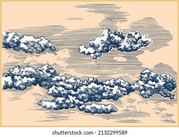 Beautiful clouds in the sky. Decorative dashed hand drawing image. Pen and ink retro classic etching, engraving style illustration.
