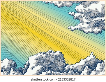 Beautiful clouds in the sky. Decorative dashed hand drawing image. Pen and ink retro classic etching, engraving style illustration.