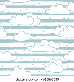 Beautiful Clouds sky, snow or rain vector hand drawn design. Kids wallpaper, print, background, childish seamless pattern