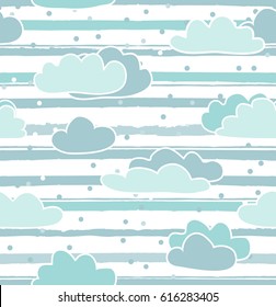 Beautiful Clouds sky, snow or rain vector hand drawn design. Kids wallpaper, print, background, childish seamless pattern