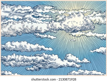 Beautiful clouds in the sky and the sun rays. Decorative dashed hand drawing image. Pen and ink retro classic etching, engraving style illustration.
