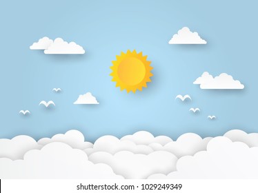 Beautiful Cloudscape, clouds and sun on blue background, paper art style. Vector illustration
