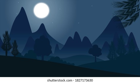 Beautiful cloudy night in forest with moon and stars.