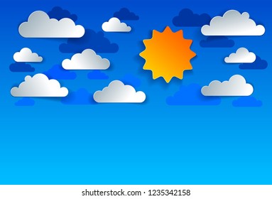 Beautiful cloudy sky vector modern style paper cut cartoon illustration.