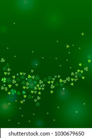 Beautiful clover shamrock leaves background for  St. Patrick's day design or greeting card. Vector illustration with clover and sparkles on green backdrop