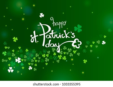 Beautiful clover shamrock leaves banner template for St. Patrick's day design or greeting card. Vector horizontal illustration with white lettering logo, clover and sparkles on green background