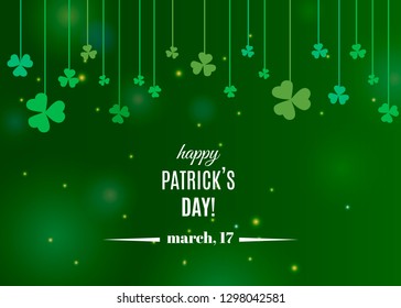 Beautiful clover shamrock leaves banner template for St. Patrick's day design or greeting card. Vector illustration with white lettering logo and clover on strings on green background