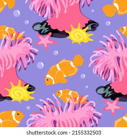 Beautiful clown fish anemone seamless pattern, great design for any purposes. Violet, orange, pink color. Use for textile design, wrapping, backgrounds.