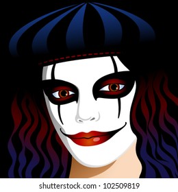 beautiful clown with long hair in a cap on a black background