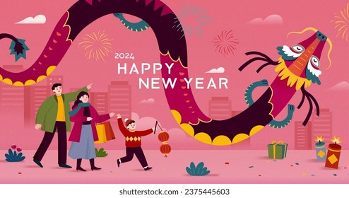 Beautiful CNY festive greeting card. Colorful dragon soaring around shopping people and festive decors on pink cityscape background.