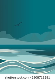 A beautiful coastal landscape artwork in a flat vector art style, depicting deep blue and teal ocean ripples with a single lone seagull gliding peacefully over the water surface during twilight. Vector illustration
