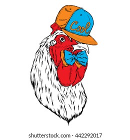 Beautiful cock in a cap and tie. Vector illustration for a poster, postcard, or print on clothes. Symbol of the year.