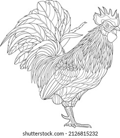 Hermosa antiestrés del libro Coloring de gallo para niños y adultos. Ilustración aislada sobre fondo blanco. Estilo zenano-margino. Dibujo manual
Dibujo en blanco y negro 
