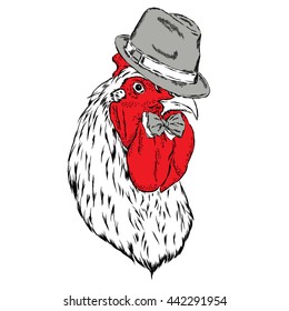 Beautiful cock in a hat and tie. Vector illustration.