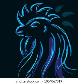 Beautiful cock on a black background with a blue glow effect of neon. Vector illustration