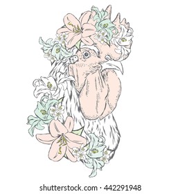 Beautiful cock in a wreath of flowers. Vector illustration for a poster, postcard, or print on clothes. Symbol of the year.