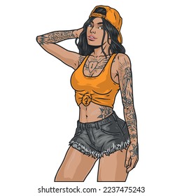 Beautiful cocky girl colorful sketch portrait young Latin woman covered in tattoos in knotted t-shirt and summer shorts vector illustration