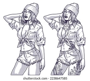 Beautiful cocky girl label monochrome portrait model fixing hair in shorts and summer shirt posing for fashion magazine vector illustration