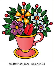 Beautiful coffee cup with flowers. Colored vector for card or gift. 