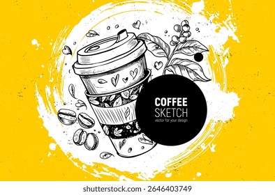 Beautiful Coffee Illustration Set Against a Bright Yellow Background. Hand-drawn sketch vector.
