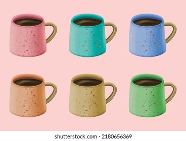 Beautiful Coffee Mugs. Chic Coffee Cup Pack In Pastel Color Palette Decorated With Golden Foil Conetti.