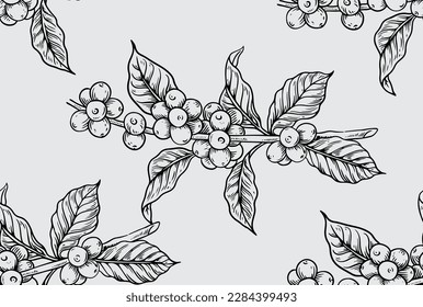 beautiful coffee seamless pattern with tropical flowers, hummingbird, jungle palm, monstera, exotic leaves. Black and white nature floral endless background.