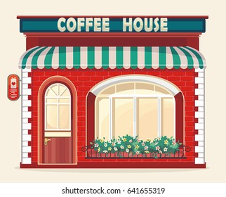 Beautiful coffee shop house. Vector illustration stores front flat style. City urban or restaurant outside design