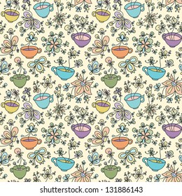 beautiful coffee tea cup spring summer doodle floral vector seamless pattern background wallpaper for textile and interior design