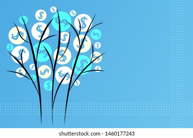 Beautiful coin-flowering tree in the Eastern style on a blue background, a symbol of wealth, prosperity and good luck