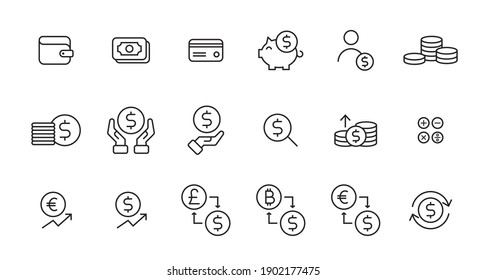Beautiful collection with 18 icons on investment, currency exchange, euro, dollar, pound and bitcoin, wallet, credit card