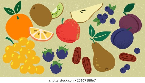 A beautiful collection of autumn fruits: orange, kiwi, apple, pear, blackberries, plums, grapes, and dates. perfect for the fall season. Vector-based illustrations, suitable for print and digital.