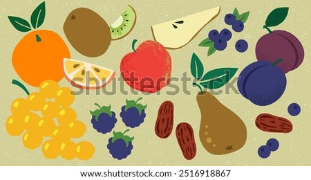 A beautiful collection of autumn fruits: orange, kiwi, apple, pear, blackberries, plums, grapes, and dates. perfect for the fall season. Vector-based illustrations, suitable for print and digital.