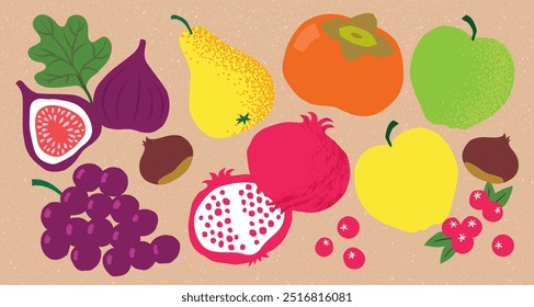 A beautiful collection of autumn fruits perfect for the fall season. Vector based illustrations, suitable for print and digital.