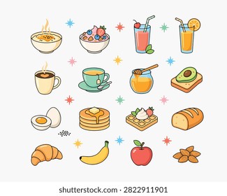 Beautiful collection of breakfast themed flat icons featuring cereals bowls fruit juices coffee tea honey toast pancakes waffles freshly baked bread banana and assorted healthy snacks vibrant vector graphics suitable for food blogs cafe menus healthy lifestyle branding meal preparation and nutrition planning concepts.