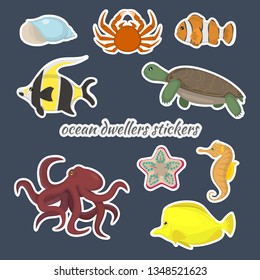 Beautiful collection of bright ocean dwellers stickers for your design. Vector
