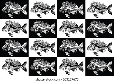 Beautiful collection of carp fish in black and white colors. Hand drawn and traced.