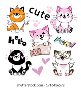 Beautiful collection of cats in kawaii style on a white background for children. Vector flat style birthday illustration