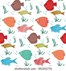 Beautiful collection of colored fish isolated on white background, Seamless pattern