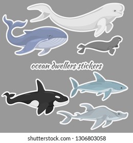 Beautiful collection of cute ocean dwellers stickers for your design. Vector