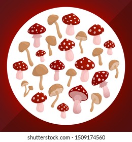 Beautiful collection with different cartoon mushrooms on white background