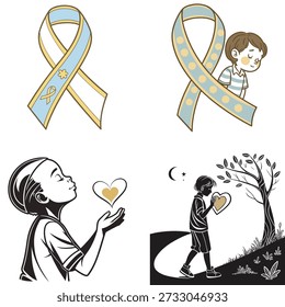A beautiful collection of diverse illustrations featuring children and symbolic awareness ribbons representing support and compassion for various causes