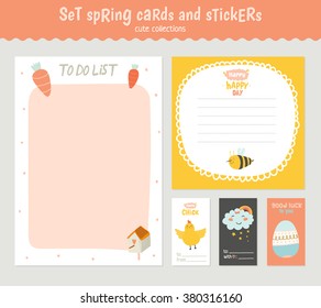 Beautiful collection of Easter greeting cards, gift tags, stickers and labels templates in vector. Holiday spring and summer cartoon concept with bunny, eggs, chicks and other graphic design elements.