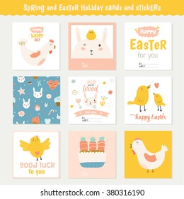 Beautiful collection of Easter greeting cards, gift tags, stickers and labels templates in vector. Holiday spring and summer cartoon concept with bunny, eggs, chicks and other graphic design elements.