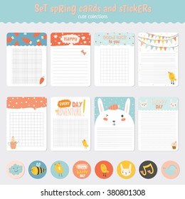 Beautiful collection of Easter greeting cards, gift tags, stickers and labels templates in vector. Holiday spring and summer cartoon concept with bunny, eggs, chicks and other graphic design elements.