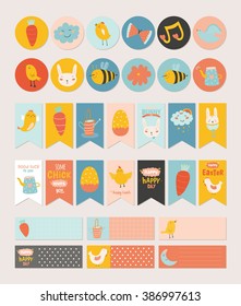 Beautiful collection of Easter greeting cards, gift tags, stickers and labels templates in vector. Holiday spring and summer cartoon concept with bunny, eggs, chicks and other graphic design elements.