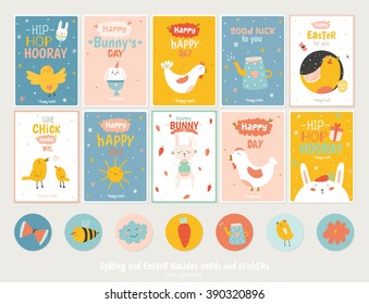 Beautiful collection of Easter greeting cards, gift tags, stickers and labels templates in vector. Holiday spring and summer cartoon concept with bunny, eggs, chicks and other graphic design elements.