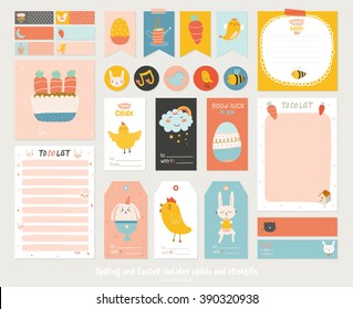 Beautiful collection of Easter greeting cards, gift tags, stickers and labels templates in vector. Holiday spring and summer cartoon concept with bunny, eggs, chicks and other graphic design elements.