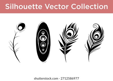 Una hermosa colección de elegantes siluetas de plumas de pavo real para Elementos de diseño decorativos.