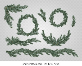 Beautiful Collection Of Evergreen Fir Branch Decorations On Transparent Background, Realistic 3d Vector Illustration